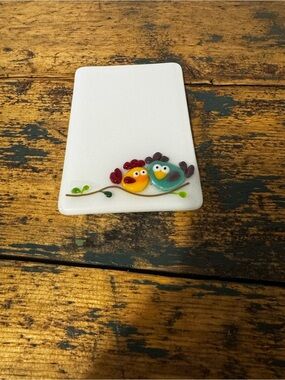 Decorative Bird Fused Glass Tile - White with Yellow & Teal Birds